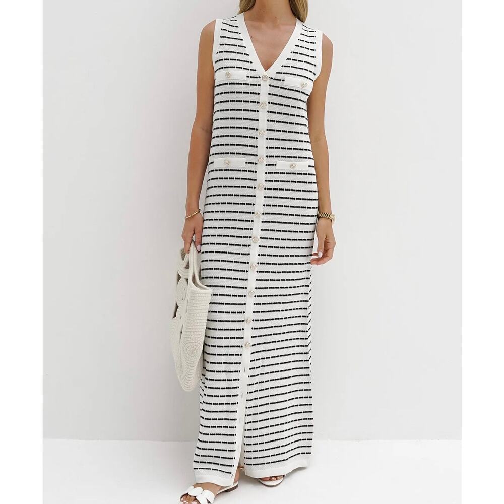 Commense Old Money Striped Metal Button Sleeveless Maxi Sweater Dress S NWT